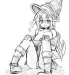  1girl breasts duel_monster dyson_(edaokunnsaikouya) female gloves hat long_hair looking_at_viewer magical_girl monochrome sitting smile yu-gi-oh! yuu-gi-ou_duel_monsters 