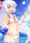  1girl alternate_costume arms_at_sides bare_arms bare_shoulders bikini breasts cleavage collarbone from_side fujiwara_no_mokou light_particles long_hair looking_away midriff navel ponytail red_eyes small_breasts standing standing_on_liquid swimsuit touhou umarutsufuri very_long_hair water white_bikini white_hair 