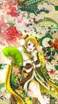 1girl artist_request blonde_hair bow fan floral_background grey_eyes japanese_clothes kimono koizumi_hanayo love_live! love_live!_school_idol_festival love_live!_school_idol_project official_art photoshop solo 