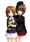  2girls :d absurdres boko_(girls_und_panzer) brown_eyes brown_hair copyright_name eyebrows eyebrows_visible_through_hair garrison_cap girls_und_panzer hat highres looking_at_another military military_uniform multiple_girls nishizumi_maho nishizumi_miho official_art open_mouth red_skirt siblings simple_background sisters skirt smile stuffed_animal stuffed_toy teddy_bear uniform white_background white_skirt 