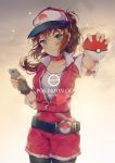  10s 1girl baseball_cap brown_hair cellphone copyright_name dangmill female_protagonist_(pokemon_go) fingerless_gloves gloves hat leggings long_hair phone poke_ball pokemon pokemon_go ponytail smartphone smile solo star star-shaped_pupils symbol-shaped_pupils 