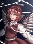  1girl animal_ears arm_garter brown_vest feathered_wings feathers mudix2 mystia_lorelei open_mouth pink_eyes pink_hair short_hair skirt skirt_set solo touhou upper_body vest wings 
