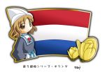  1girl blonde_hair dutch_cap dutch_flag european_clothes flag flower hat murakami_senami netherlands tulip 
