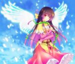  1girl belt black_hair blue_sky bow bow_(weapon) braid brown_eyes clouds cowboy_shot dress flower_knight_girl frills gradient_hair haineko_(die_verschwand) hair_bow half_updo ionocidium_(flower_knight_girl) long_hair looking_at_viewer multicolored_hair pink_hair red_dress shawl sky smile solo weapon yellow_bow 