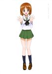  1girl :d absurdres blouse brown_hair copyright_name full_body girls_und_panzer green_skirt highres looking_at_viewer miniskirt nishizumi_miho official_art open_mouth pleated_skirt school_uniform serafuku short_hair simple_background skirt smile socks solo standing thighs white_background 