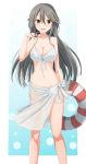  1girl absurdres alternate_costume ame-rain bare_arms bare_legs bare_shoulders breasts brown_eyes cleavage commentary_request eyebrows eyebrows_visible_through_hair front-tie_top grey_hair hair_ornament hairclip haruna_(kantai_collection) highres kantai_collection large_breasts lifebuoy long_hair looking_at_viewer navel open_mouth sarong shiny shiny_skin simple_background smile solo swimsuit 