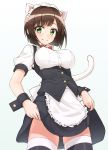  1girl alternate_costume animal_ears breasts brown_hair cat_ears cat_tail enmaided erect_nipples fang fang_out green_eyes highres idolmaster idolmaster_cinderella_girls looking_at_viewer maekawa_miku maid maid_headdress short_hair shunichi smile solo standing tail thigh-highs underbust wrist_cuffs zettai_ryouiki 