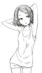  1girl absurdres armpits arms_behind_head collarbone commentary cowboy_shot eyebrows eyebrows_visible_through_hair forehead hair_ornament hairclip highres monochrome pose short_hair shorts sketch white_background yamamoto_souichirou 