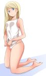  1girl bangs barefoot blonde_hair blue_eyes breasts full_body hair_between_eyes head_tilt highres kneeling koube long_hair no_pants original panties shirt simple_background sleeveless sleeveless_shirt solo swept_bangs underwear white_background white_panties white_shirt 