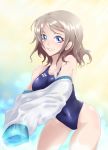  1girl blue_eyes competition_swimsuit grey_hair highres lolita_majin looking_at_viewer love_live! love_live!_sunshine!! one-piece_swimsuit parted_lips short_hair standing swimsuit undressing watanabe_you 