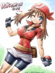  00s 1girl amania_orz artist_name bandanna bike_shorts blue_eyes breasts brown_hair dated gloves haruka_(pokemon) large_breasts long_hair one_eye_closed poke_ball pokemon pokemon_(game) pokemon_rse short_sleeves smile solo 