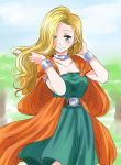  1girl alternate_hairstyle bianca blonde_hair blue_eyes blush breasts cleavage cloak dragon_quest dragon_quest_v dress hair_down smile solo unya 