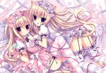  2girls all_fours animal_ears black_ribbon blonde_hair bow breasts cat_ears cat_tail collared_shirt curtains dress eyebrows eyebrows_visible_through_hair finger_to_another&#039;s_mouth food frilled_legwear frilled_pillow frills garter_straps hair_between_eyes hair_ornament hasune_(hasuneya) head_tilt holding holding_food impossible_clothes impossible_shirt leg_lift long_hair lying macaron multiple_girls no_shoes on_back open_mouth original panties pillow pink_bow pink_dress puffy_short_sleeves puffy_sleeves purple_bow purple_ribbon red_eyes red_ribbon ribbon shirt short_sleeves striped striped_panties tail tail_ribbon underwear very_long_hair violet_eyes white_shirt wing_collar wrist_cuffs 