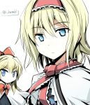  1girl alice_margatroid blonde_hair blue_eyes bow capelet frills hair_bow hairband lolita_hairband looking_at_viewer neck_ribbon red_bow red_ribbon ribbon shanghai_doll short_hair solo suichuu_hanabi touhou twitter_username upper_body white_background 