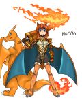  1girl armor blue_eyes boots breastplate breasts charizard gauntlets horns kitsune-tsuki_(getter) lance looking_at_viewer orange_hair pauldrons personification pokemon pokemon_(creature) polearm thigh-highs thigh_boots weapon wings 