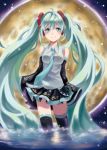  1girl absurdres ahoge detached_sleeves full_moon green_eyes green_hair hatsune_miku highres long_hair micang_you moon necktie skirt sleeves_past_wrists solo thigh-highs twintails very_long_hair vocaloid wading water 