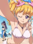  3girls ;p armpits asahina_mirai beach bikini blonde_hair blue_bikini breasts chiharu_(9654784) cure_felice cure_magical cure_miracle earrings eyebrows eyebrows_visible_through_hair hanami_kotoha hat heart highres izayoi_liko jewelry long_hair looking_at_viewer mahou_girls_precure! mini_hat mini_witch_hat multiple_girls ocean one_eye_closed pink_hair precure purple_hair self_shot side_ponytail star swimsuit tongue tongue_out v violet_eyes witch_hat 