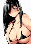  1girl black_hair blush breasts brown_eyes cleavage green_eyes hair_over_one_eye large_breasts original parted_lips simple_background skindentation solo uekan white_background 