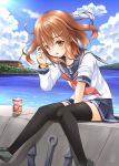  1girl ai_ai_gasa anchor anchor_symbol bangs between_legs black_legwear blouse blue_skirt blush brown_eyes brown_hair building can clouds concrete crane fang fujishima_shinnosuke hair_between_eyes hair_ornament hairclip hand_between_legs hand_in_hair hand_up highres ikazuchi_(kantai_collection) kantai_collection leaning_forward loafers long_sleeves looking_at_viewer neckerchief open_mouth outdoors pleated_skirt school_uniform serafuku shoes sitting skirt sky sleeve_pushed_up solo sunlight thigh-highs water white_blouse wind 