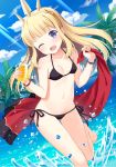  1girl ;d bangs beach bikini black_bikini blonde_hair blue_sky blush breasts cagliostro_(granblue_fantasy) clouds collarbone commentary_request crown cup drink drinking_glass drinking_straw granblue_fantasy hairband hyuuga_azuri long_hair looking_at_viewer navel ocean one_eye_closed open_mouth outdoors palm_tree side-tie_bikini sky small_breasts smile solo splashing swimsuit tree violet_eyes water 