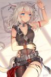  1girl 2016 animal_ears armband bare_shoulders bed_sheet belt blue_eyes blush bracelet breasts cat_ears cat_tail collarbone cowboy_shot dated earrings facial_mark final_fantasy final_fantasy_xiv gem hand_on_own_stomach highres jewelry long_hair lying medium_breasts miqo&#039;te mismatched_legwear momoko_(momopoco) on_back on_bed pants parted_lips pillow ribbon ring signature sleeveless slit_pupils solo sunlight tail thigh_gap tight tight_pants twitter_username white_hair 