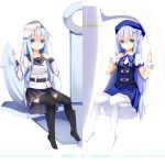  2girls :o absurdres anchor black_legwear blue_eyes blue_hair bow character_name cup flat_cap gochuumon_wa_usagi_desu_ka? hammer_and_sickle hand_on_own_chest hat hat_bow hibiki_(kantai_collection) highres jyt kafuu_chino kantai_collection long_hair look-alike looking_at_viewer multiple_girls pleated_skirt school_uniform sitting skirt teacup thigh-highs trait_connection verniy_(kantai_collection) very_long_hair white_legwear wrist_cuffs 