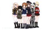  6+girls :d absurdres anchovy ankle_boots black_boots black_ribbon blonde_hair blue_eyes boots brown_eyes brown_hair crossed_arms cup darjeeling drill_hair fang girls_und_panzer hair_ribbon hand_on_hip hat highres katyusha kay_(girls_und_panzer) knee_boots long_hair looking_at_viewer military military_uniform multiple_girls nishizumi_maho nishizumi_miho official_art open_mouth red_eyes red_skirt ribbon school_uniform short_hair short_shorts shorts siblings simple_background sisters skirt smile standing teacup thigh-highs trait_connection twin_drills twintails uniform white_background white_legwear white_skirt 