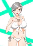  1girl bad_anatomy bikini blush breasts chitose_(kantai_collection) collarbone fingernails hair_ribbon highres kantai_collection large_breasts long_hair looking_at_viewer navel open_mouth ribbon side-tie_bikini silver_hair solo swimsuit thighs white_bikini white_hair 