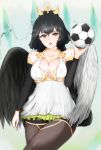  1girl appleslush arm_warmers ball black_hair black_legwear black_wings breasts cleavage collarbone erect_nipples green_eyes hair_ornament highres holding_ball looking_at_viewer metatron_(soccer_spirits) pantyhose parted_lips pursed_lips soccer_ball soccer_spirits solo white_wings wings 