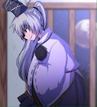  1girl black_skirt blurry bowing cowboy_shot depth_of_field from_side full_moon grey_eyes grey_hair hands_in_sleeves hat japanese_clothes kariginu long_hair long_sleeves mononobe_no_futo moon night parted_lips pom_pom_(clothes) ponytail profile ribbon-trimmed_sleeves ribbon_trim skirt smile solo tate_eboshi touhou wide_sleeves you_(noanoamoemoe) 