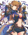  &gt;:d 1girl :d beatrix_(granblue_fantasy) black_shorts blue_dress blue_ribbon blush breasts brown_hair cleavage cowboy_shot dress gauntlets granblue_fantasy hair_ribbon long_hair looking_away medium_breasts navel open_mouth over_shoulder ponytail ribbon short_shorts shorts smile solo sword tetsujin_momoko weapon weapon_over_shoulder white_background yellow_eyes 