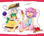  2girls adapted_costume angel_wings bare_shoulders barefoot blue_eyes dress fan furukawa_(yomawari) halo hat hot kneeling komeiji_koishi komeiji_satori multiple_girls open_mouth popsicle purple_hair red_eyes sitting skirt sundress sweat tank_top third_eye touhou watermelon_bar white_hair wings 