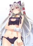  1girl 3: 3:&lt; amatsukaze_(kantai_collection) bell bell_choker black_bra black_panties blush bra breasts brown_eyes cat_cutout cat_lingerie choker cleavage_cutout gloves hat heart jingle_bell kantai_collection long_hair navel panties revision side-tie_panties silver_hair simple_background single_glove solo sweatdrop two_side_up underwear underwear_only white_background white_gloves yahako 