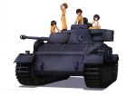  4girls absurdres bangs black_shoes brown_eyes brown_hair girls_und_panzer gloves ground_vehicle highres hoshino_(girls_und_panzer) jumpsuit long_sleeves military military_vehicle motor_vehicle multiple_girls nakajima_(girls_und_panzer) official_art shirt shoes short_hair suzuki_(girls_und_panzer) tank tiger_(p) tsuchiya_(girls_und_panzer) white_background white_gloves white_shirt 