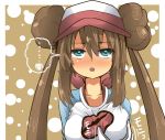 1girl breast_grab breasts brown_hair dyson_(edaokunnsaikouya) female gloves long_hair looking_at_viewer mei_(pokemon) nintendo pokemon sweat twintails 