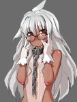  1girl ahoge bespectacled brown_eyes chains choker collar dark_skin flower_knight_girl glasses gloves grey_background grey_hair hair_intakes long_hair looking_at_viewer sasayuki shiny shiny_skin sinclairiana_(flower_knight_girl) solo upper_body white_gloves 