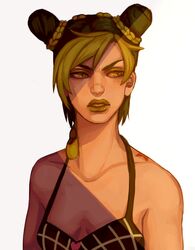  1girl birthmark braid breasts cleavage collarbone double_bun green_eyes green_hair green_lipstick halter_top halterneck heart highres joestar_birthmark jojo_no_kimyou_na_bouken kuujou_jolyne lipstick long_neck looking_to_the_side makeup multicolored_hair raterie simple_background single_braid solo two-tone_hair upper_body white_background 