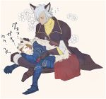  2boys alternate_costume animal_ears armor berserker_(granblue_fantasy) blush closed_eyes dark_skin erun_(granblue_fantasy) eustace_(granblue_fantasy) flower gloves gran_(granblue_fantasy) granblue_fantasy grey_hair hair_over_one_eye indian_style kyata_(elnss) lap_pillow male_focus multiple_boys pink_background saliva simple_background sitting sleeping 