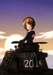  1girl absurdres brown_eyes brown_hair girls_und_panzer ground_vehicle headphones highres military military_vehicle motor_vehicle nishizumi_miho official_art panzerkampfwagen_iv short_hair solo sunset tank 