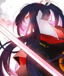  1boy black_hair close-up glowing glowing_eye hair_ribbon holding holding_weapon japanese_clothes kariginu kumomo_(kirara317) long_hair male_focus nozacchi pale_skin ponytail ribbon solo sword tarou_tachi touken_ranbu weapon yellow_eyes 