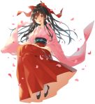  1girl :d bent_knees black_hair black_shoes blush bow cherry_blossoms full_body furisode hair_bow hajin hakama highres japanese_clothes kimono long_hair looking_at_viewer meiji_schoolgirl_uniform obi open_mouth petals ponytail red_bow red_eyes red_hakama sakura_taisen sash shinguuji_sakura shoes smile socks solo white_legwear wide_sleeves 