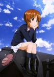  1girl absurdres anglerfish black_legwear boots brown_eyes brown_hair chin_rest girls_und_panzer ground_vehicle hands_on_own_cheeks hands_on_own_face highres military military_vehicle motor_vehicle nishizumi_miho official_art panzerkampfwagen_iv pleated_skirt short_hair sitting skirt solo tank white_skirt 
