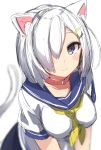  1girl animal_ears blue_eyes blurry blush breasts cat_ears cat_tail collar depth_of_field hair_ornament hair_over_one_eye hairclip hamakaze_(kantai_collection) highres kantai_collection kemonomimi_mode large_breasts looking_at_viewer pleated_skirt school_uniform serafuku short_hair short_sleeves skirt smile solo tail takeshima_(nia) v_arms white_hair 