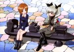  2girls :d absurdres anchovy ankle_boots black_boots black_ribbon boots brown_eyes brown_hair drill_hair girls_und_panzer green_hair hair_ribbon highres knee_boots legs_crossed long_hair military military_uniform multiple_girls nishizumi_miho official_art open_mouth red_eyes ribbon s.l.c.-200 short_hair sitting skirt smile twin_drills twintails uniform white_skirt 