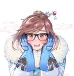  1girl artist_name bangs beads black-framed_eyewear blue_gloves blush coat embarrassed eyebrows eyebrows_visible_through_hair fur-lined_jacket fur_coat fur_trim glasses gloves hair_bun hair_ornament hair_stick hands_on_own_cheeks hands_on_own_face highres looking_at_viewer mei_(overwatch) open_mouth overwatch panza parka short_hair sidelocks snowflake_hair_ornament solo swept_bangs teeth upper_body winter_clothes winter_coat 