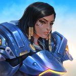  1girl artist_name black_hair blue_background brown_eyes dark_skin dcwj eye_of_horus eyebrows eyelashes facial_mark facial_tattoo gradient gradient_background hair_tubes lips looking_at_viewer nose overwatch pharah_(overwatch) power_armor signature solo tattoo upper_body white_background 
