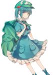  1girl :d backpack bag bangs blue_eyes blue_hair blue_shirt blue_shoes blue_skirt blunt_bangs blush green_necktie hair_bobbles hair_ornament kawashiro_nitori looking_at_viewer necktie open_mouth pokan_(xz1128) puffy_short_sleeves puffy_sleeves shirt shoes short_hair short_sleeves skirt skirt_set smile solo touhou twintails white_background 