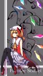  1girl adapted_costume ascot bare_shoulders black_legwear blonde_hair bow character_name crystal flandre_scarlet frilled_shirt_collar frills hair_bow hat knees_together_feet_apart layered_skirt looking_away mob_cap pantyhose parted_lips red_bow red_eyes red_shirt red_shoes shirt shoes side_ponytail skirt sleeveless sleeveless_shirt solo touhou white_skirt wings wrist_cuffs you_(noanoamoemoe) 
