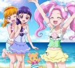  &gt;_o 3girls :d ;d ^_^ armpits arms_up asahina_mirai beach blonde_hair blush breasts cleavage closed_eyes flower hair_flower hair_ornament hanami_kotoha hanzou izayoi_liko long_hair mahou_girls_precure! midriff mofurun_(mahou_girls_precure!) multiple_girls navel ocean one_eye_closed open_mouth pink_eyes pink_hair precure purple_hair short_hair smile swimsuit twintails violet_eyes 