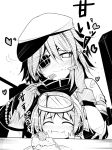  2girls :i ai_takurou bangs blush cake cape closed_mouth eating eyebrows eyebrows_visible_through_hair eyepatch food fork gloves greyscale hair_between_eyes hand_on_own_cheek hand_up hands_on_own_cheeks hands_on_own_face hands_up hat heart holding holding_fork kantai_collection kiso_(kantai_collection) maru-yu_(kantai_collection) monochrome multiple_girls nose_blush short_sleeves simple_background sketch smile tears upper_body white_background 